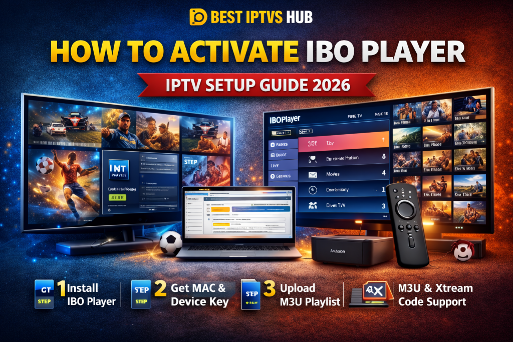 How to activate IBO Player IPTV in 2026 step by step guide showing smart TV setup screen with M3U playlist configuration