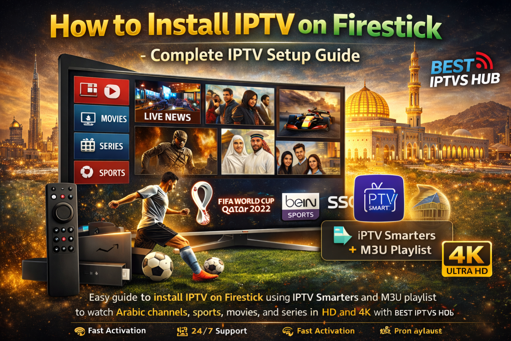 How to install IPTV on Firestick using IPTV Smarters and M3U playlist to watch Arabic live TV channels, sports like beIN Sports, movies and series in HD and 4K.