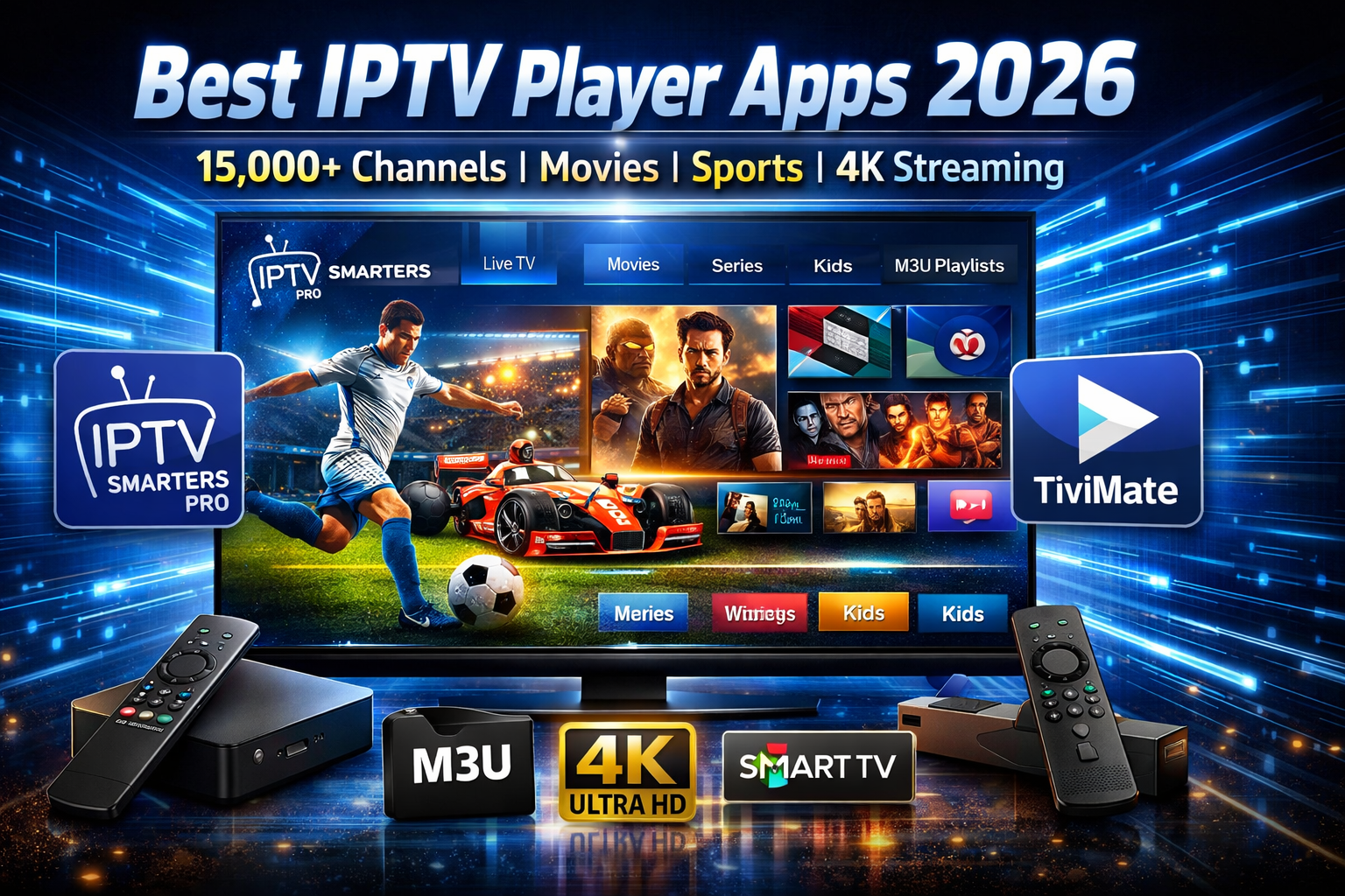 Best IPTV player apps 2026 on Smart TV and Android showing IPTV Smarters, TiviMate and M3U playlist streaming live TV channels, movies, series and sports in 4K.