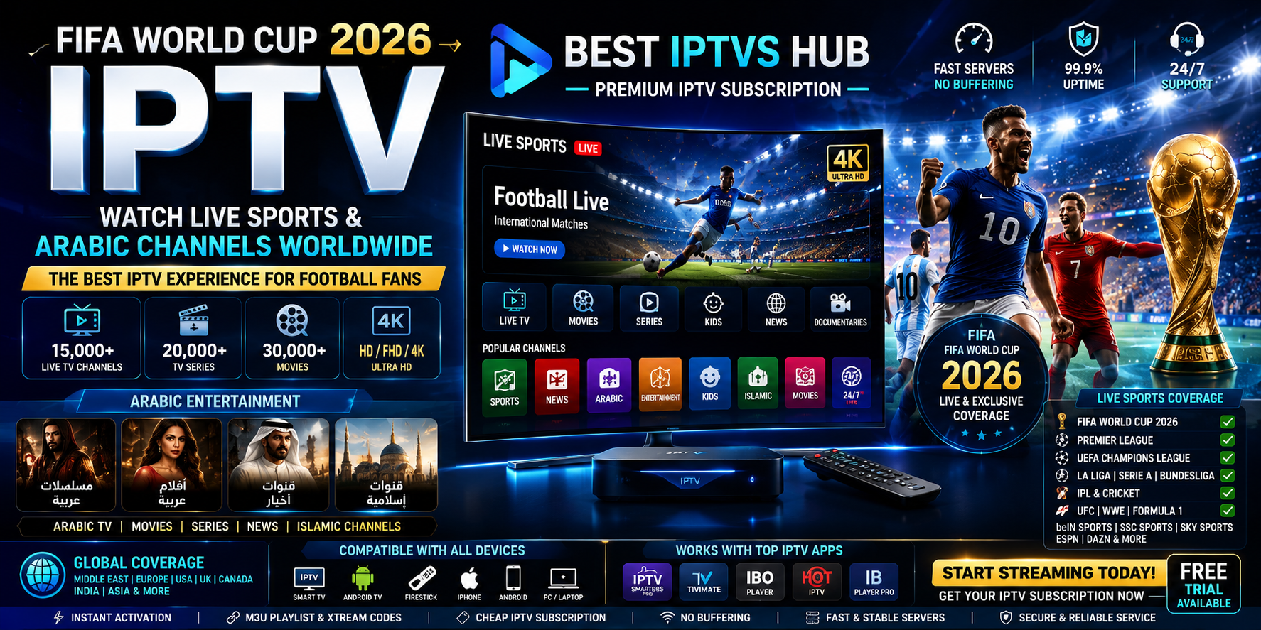 Best IPTV service for FIFA World Cup 2026 live streaming, Arabic channels, football, sports, and 4K entertainment worldwide