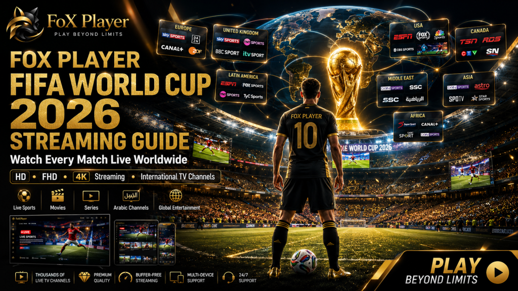 FoX Player FIFA World Cup 2026 Streaming Guide featuring a luxury football stadium, global TV channels, 4K streaming, and worldwide sports coverage.
