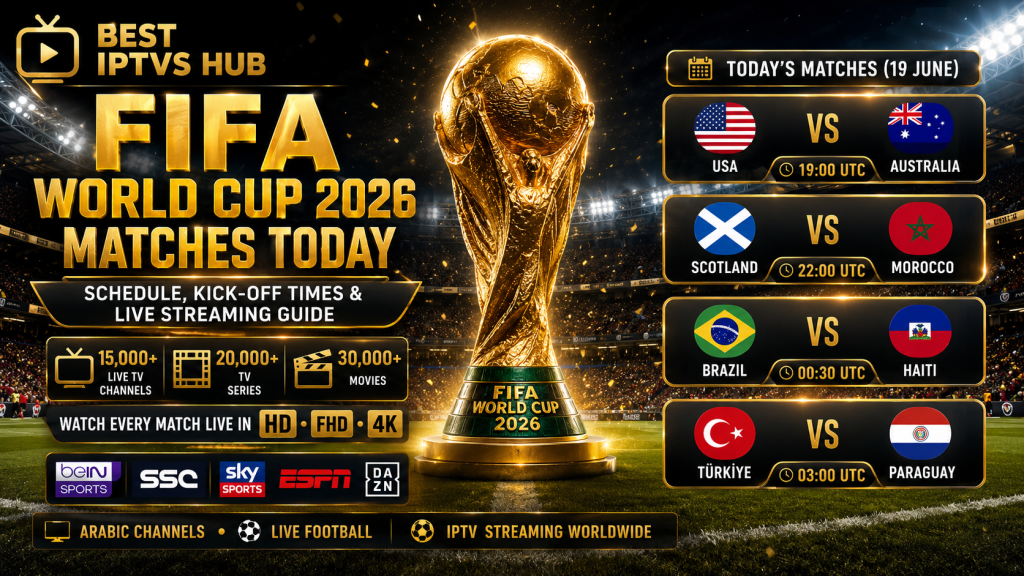 FIFA World Cup 2026 matches today featuring USA vs Australia, Scotland vs Morocco, Brazil vs Haiti, and Türkiye vs Paraguay with IPTV live streaming in HD, FHD, and 4K.