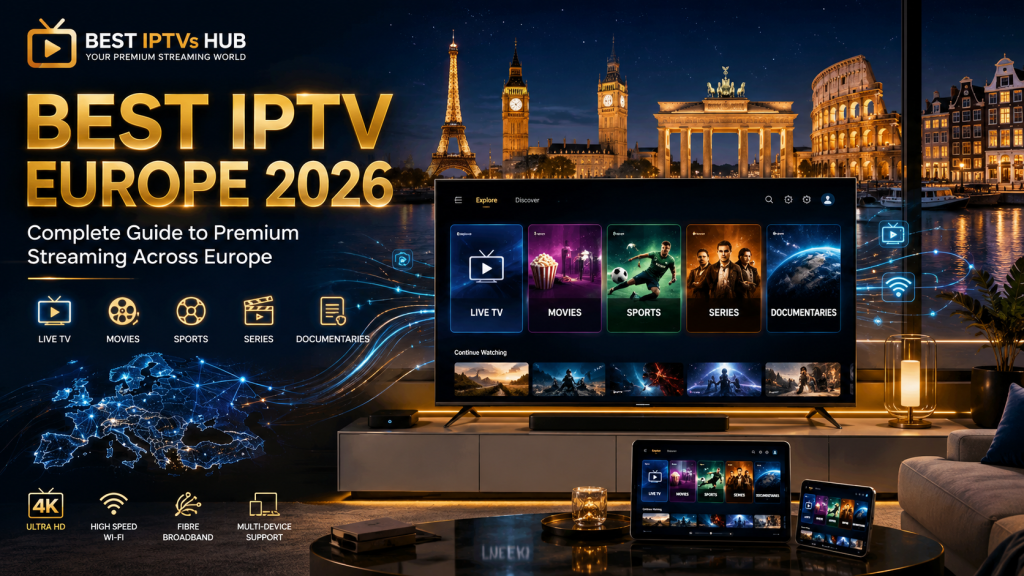 Modern European living room featuring a Smart TV with a premium IPTV interface, showcasing multi-device streaming and digital entertainment across Europe in 2026.