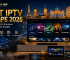 Modern European living room featuring a Smart TV with a premium IPTV interface, showcasing multi-device streaming and digital entertainment across Europe in 2026.