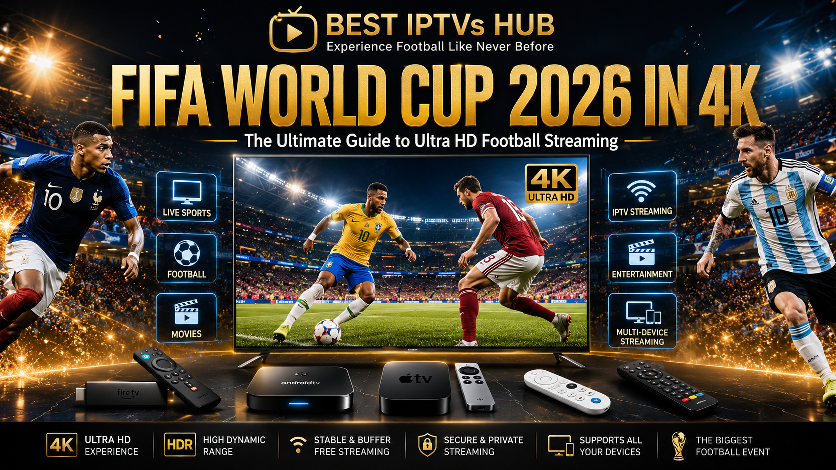 Watch FIFA World Cup 2026 in 4K on a premium Smart TV with Ultra HD football streaming, IPTV technology, and immersive stadium visuals.